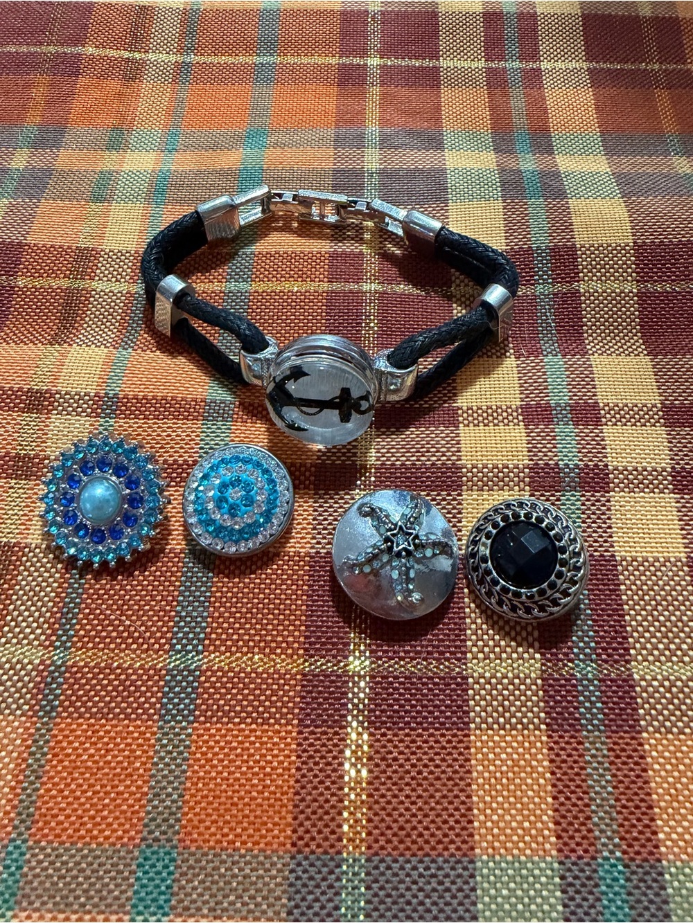 Interchangeable Anchor Charm Black Braided Bracelet with Blue Accent Buttons
